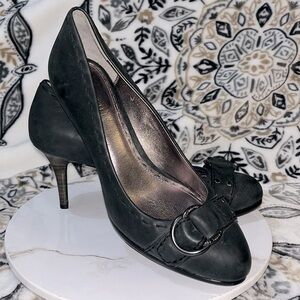 Coach Dinah Black Gray Leather Pumps Heels Buckle WhipStitch Women’s Size 8 B